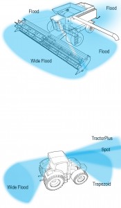 illustration of tractors with light beam patterns