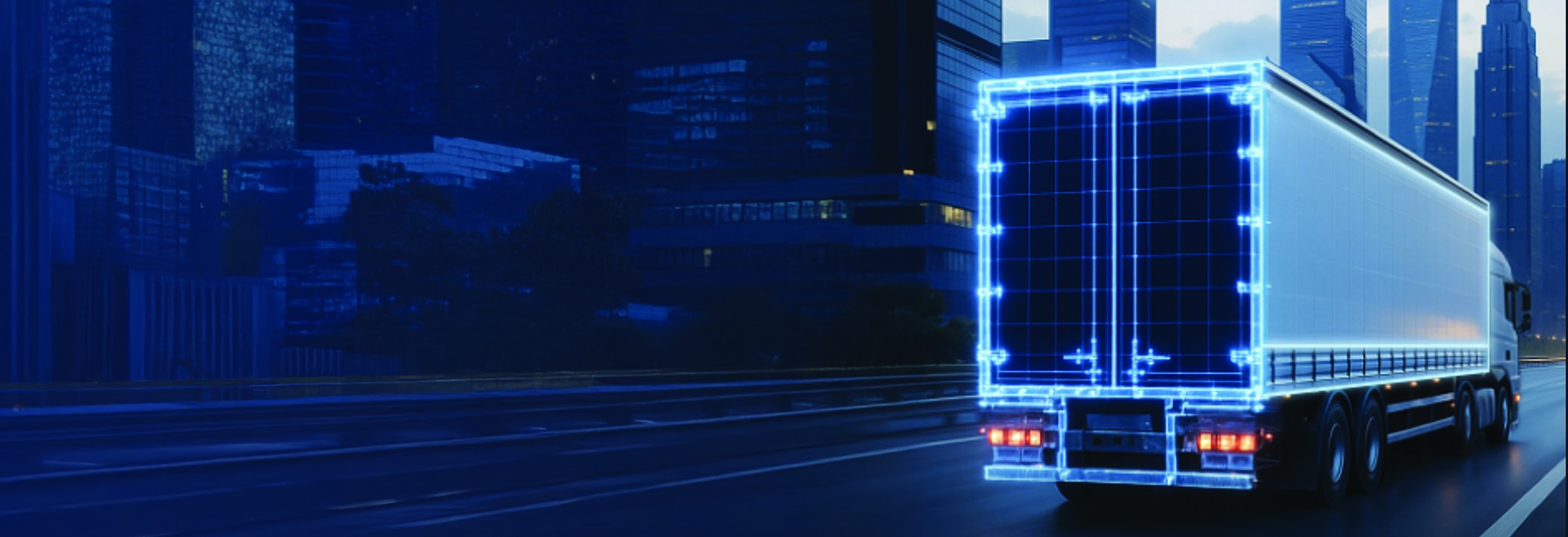 DeliverSAFE connected truck driving at night through a city